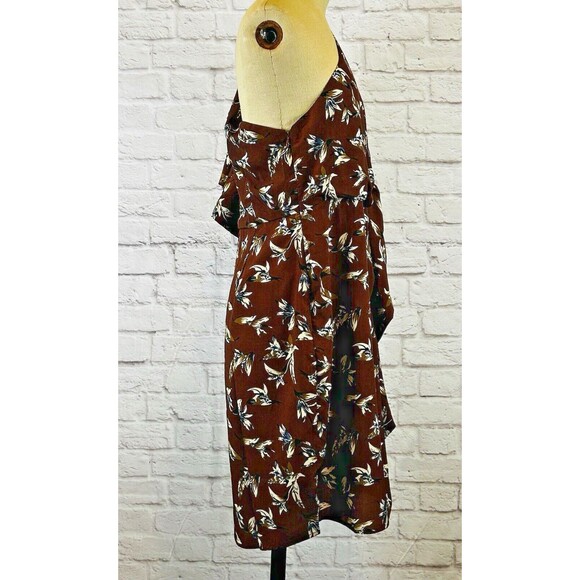 Soncy Dress Size 12 One‎ Shoulder Asymmetrical Fitted Ruffle Floral Brown NWT - Picture 6 of 13